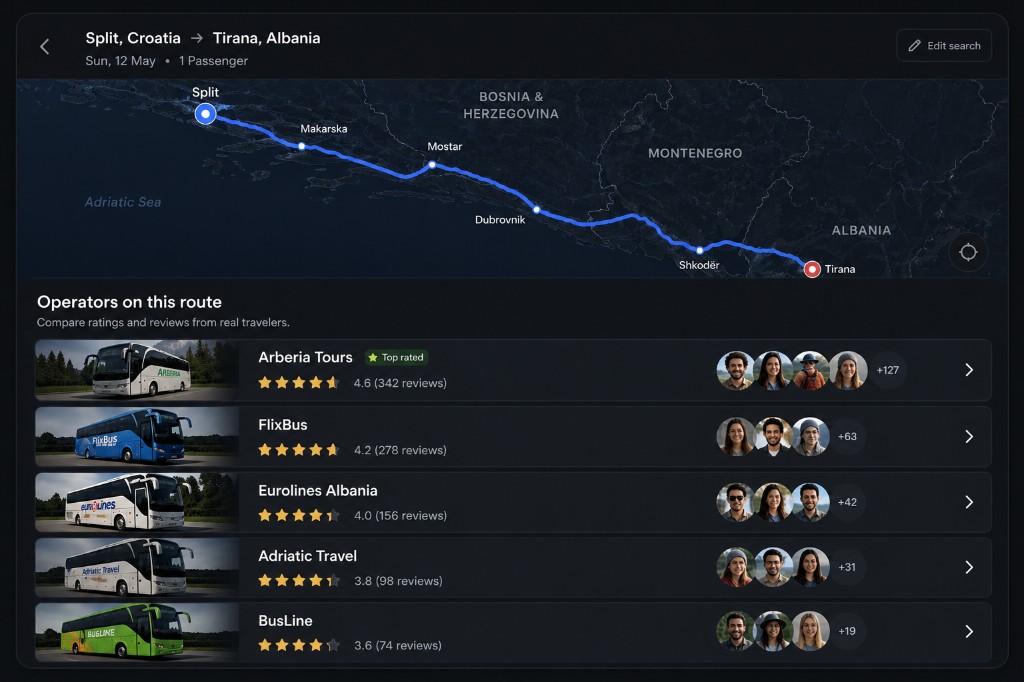 Bus operators and ratings on a route