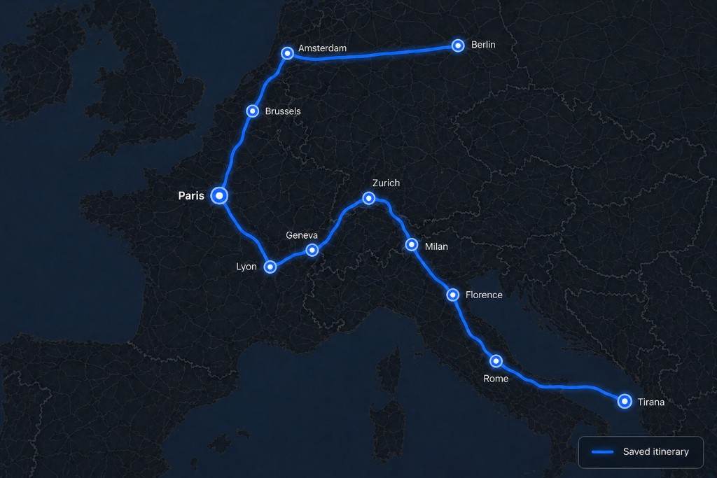 Saved itinerary map across Europe
