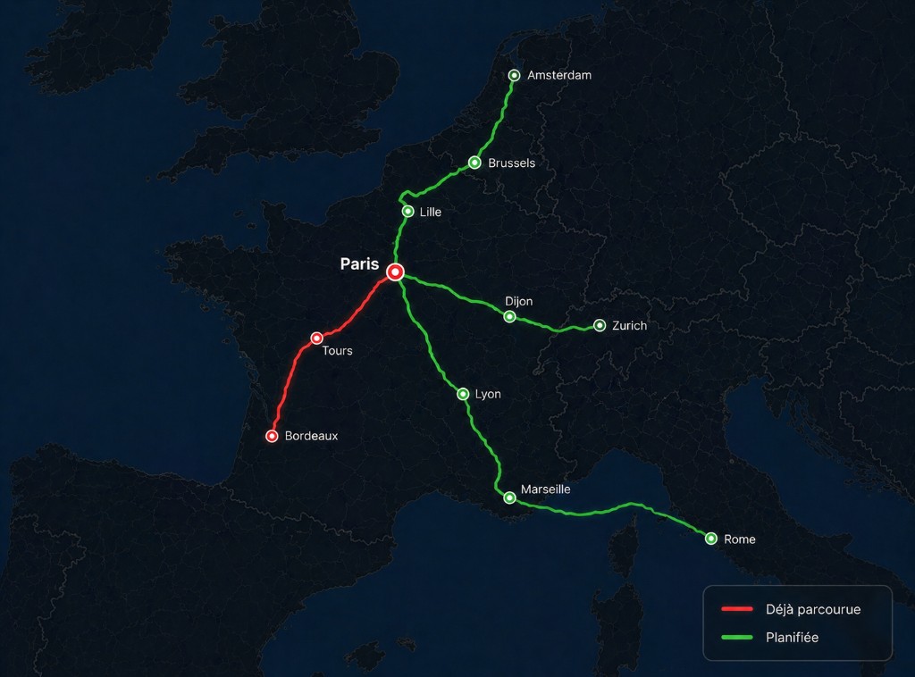 Dark map showing routes from Paris