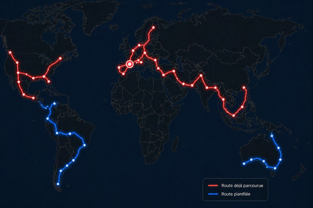 World map showing traveled and planned routes